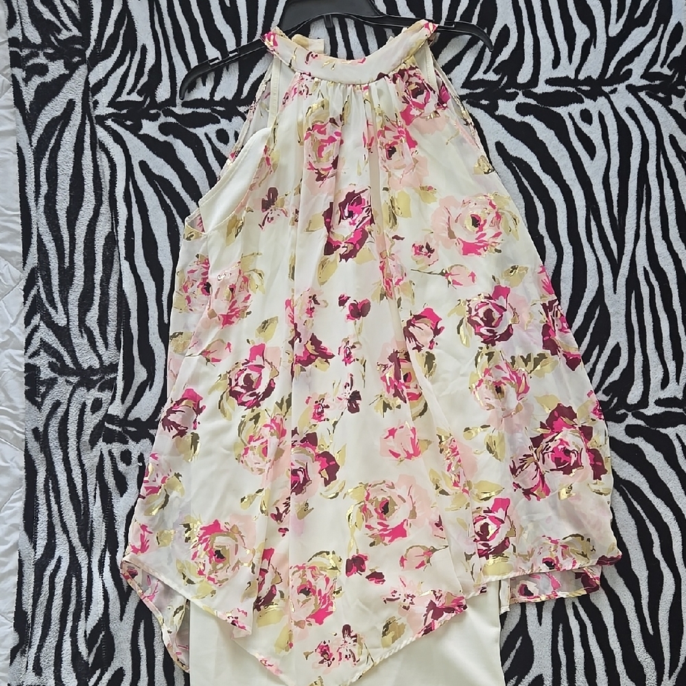 Wrapper Floral Halter Top with Gold and Pink Accents